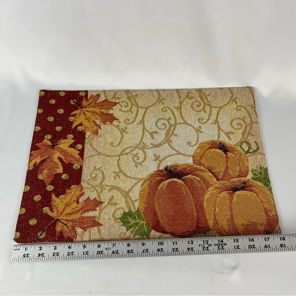 Pair of Placements (2) Pumpkins and Leaves w/Gold Scrolls Orange Tan Red Bling